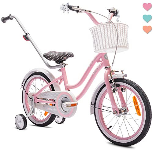 sun baby Mädchenfahrrad 16 Zoll Radgröße Heart Bike zur Auswahl, mit Abnehmbarer Schubstange, Kinderfahrrad für Mädchen von 2 bis 6 Jahre (Rosa, 16 Zoll)