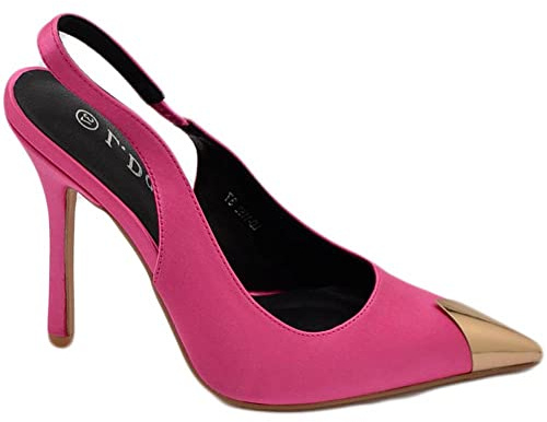 Malu Shoes Decollete' Donna Fucsia Alto Tacco a Spillo 12 cm Aperto Dietro con placca Oro in Punta in Raso Moda Cerimonia Elegante