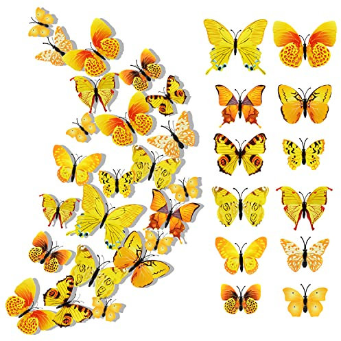24 Pcs Adesivo da Parete Farfalla, 3D Farfalle Decorative, 3D con Adesivo da Parete Farfalla Magnetico, Adesivo Farfalla Staccabile Ottimo per Decorazioni (Giallo)