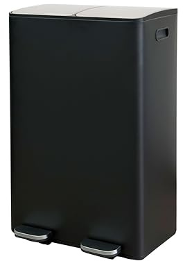 Wicotex TOM Mülleimer – 60 Liter (2 x 30 liter) – 2 Fächer - aus Metall - Inneneimer aus Kunststoff -Klappdeckel mit Softclose und luftdicht - rauchgrau - Recycling-Mülleimer - schwarz