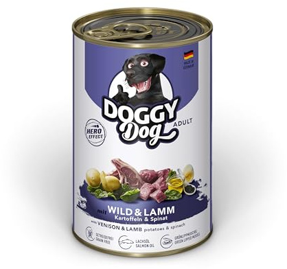 DOGGY Dog Paté Wild & Agnello, 6 x 400 g, cibo umido per cani, senza cereali, con olio di salmone e cozze verdi con spinaci e patate, prodotto in Germania