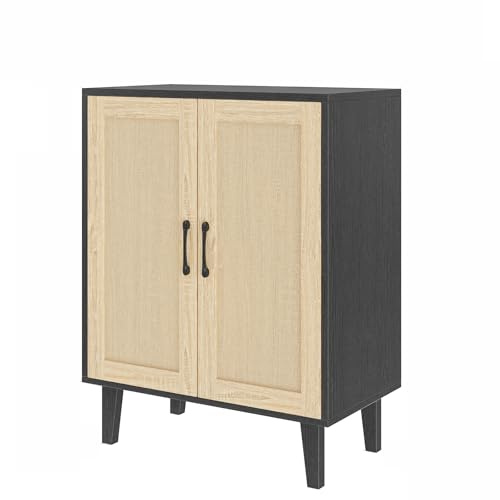 Panana Buffet Storage Cabinet with Rattan Decorating Living Room Wood Kitchen Sideboard Accent Cabinet (Black, 69(W) x 38(D) x 88(H) cm)