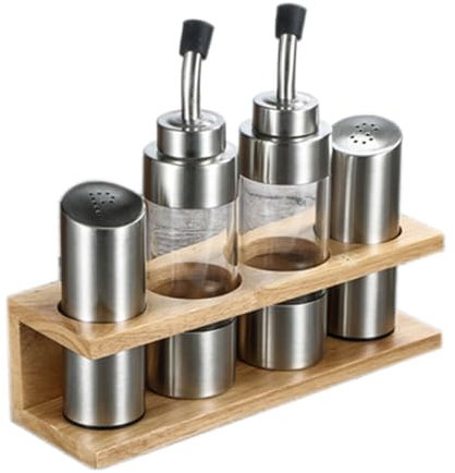 BURLOE Oil And Vinegar Dispenser Set, 4-Piece Cruet Stainless Steel Acrylic Spice Dispenser with Wooden Shelf Includes Vinegar Bottles Salt Pepper Shakers for Kitchen,Silver