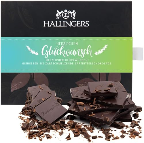 Hallingers Genuss Manufaktur Vegane Schokolade Glückwunsch-Geschenk - Tafel aus handgeschöpftem Edelkakao ohne Alkohol edler Karton Herzlichen Glüc... Pur 85%, Geschenkidee für Frauen Männer