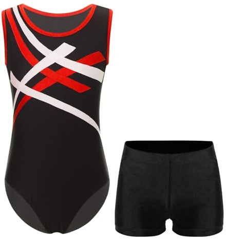 Oyolan Enfant Justaucorps Gymnastique Garçon Leotard Danse Ballet avec Short Gym Sport Ensemble Tenue Dancewear 5-16 Ans A Rouge&Noir 13-14 ans