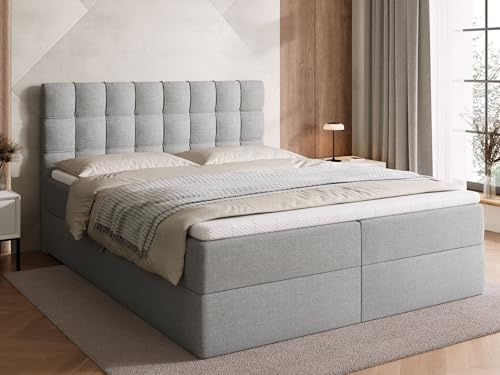 BROMARKT Boxspringbett 160x200cm mit Topper und Bettkasten H3 Hellgrau | Doppelbett für Schlafzimmer mit Bonell Matratze Stauraum und gepolsterte Kopfstütze Bett Bed Einzelbett Federkern DETROIT
