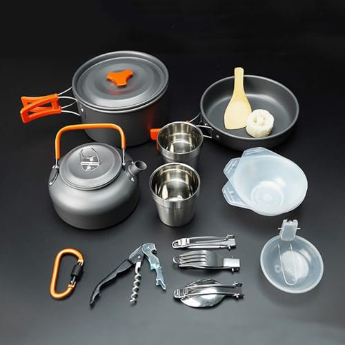 Camping Geschirr Set Aluminium Campingkocher Töpfe Becher Outdoor Kochgeschirr Mit Faltbare Besteck Picknick Topf Mini Camping Kochset Für Picknick Wandern,Orange