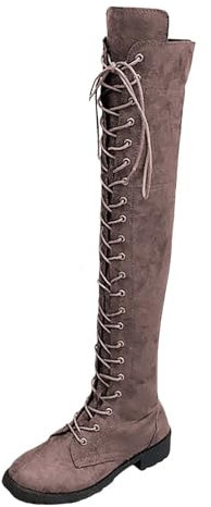 Overknees Stiefel Damen Mit Schnürung - Kniehohe Stiefel Flach Rutschfeste Laufsohle Langschaft-Stiefel Wildleder-Stiefel Rundzehe Schlupfstiefel Einfarbig Elegante Damenstiefel
