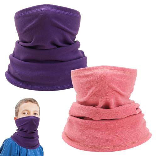TUONYIS 2 Pack Winter Kids Neck Warmer Kids Snood Winter Fleece Windproof Neck Gaiter Windproof Face Covering Scarves Boys Snood Multifunctional Headwear for Skiing Running Cycling (Rose, Purple)