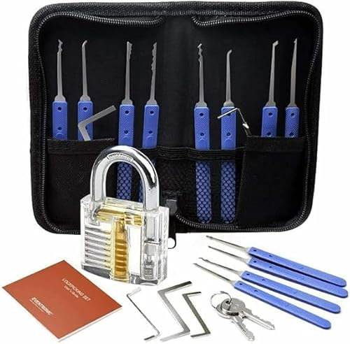 17-Piece Lock Pick Set, Lock Picking Kit with Transparent Practice Padlock & Training Guide, Extractor Tool for Beginners and Professionals, Practice Locks for Training and Hobby Use