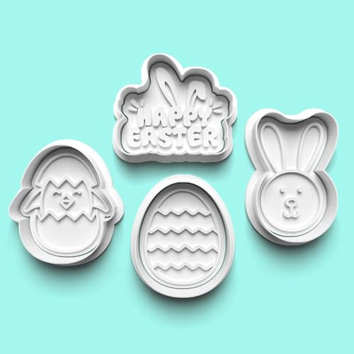 Happy Easter Cookie Cutter and Fondant Stamp Set of 4 – Party Celebration, Birthday Cake, Baker Cookies, Baking Fun, Sugar Biscuit Topper 8-9cm