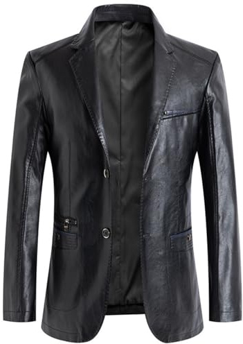 BXCZEDW Herrenjacke aus echtem Lammleder, casual, mit Revers, reguläre Passform, 2 Knöpfe, mit Taschen, Schwarz , M