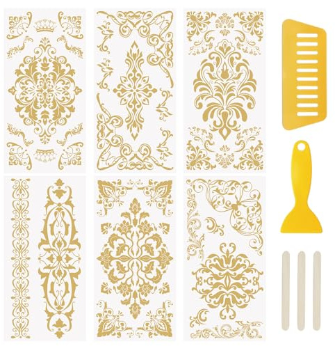 WANDIC 6 Sheets Rub on Transfer Stickers, Gold Line Floral Border Pattern Decorative Furniture DIY Stickers Decals for Scrapbook,15 * 30cm