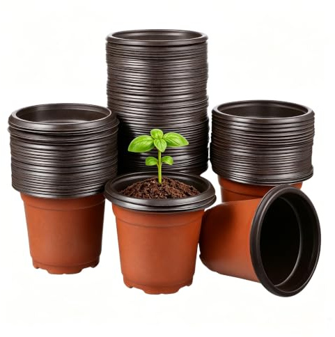 Kisangel 100Pcs Plastic Plant Pots with Drainage Holes, 3.5 Inch / 9cm Flower Nursery Containers, Reusable Seedling Planter Trays for Herbs, Vegetables, Succulents, Cutting Transplanting