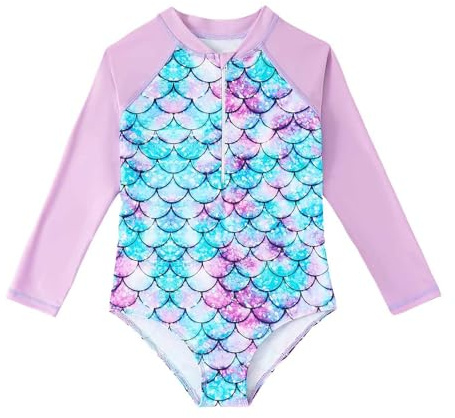 Bañador Niña Manga Larga Traje de Baño de Una Pieza Protección UV 50 Bañadores Natacion con Estampado de Escamas de Pez Swimsuit Secado Rápido con Cremallera Ropa de Playa Resistente Al Cloro