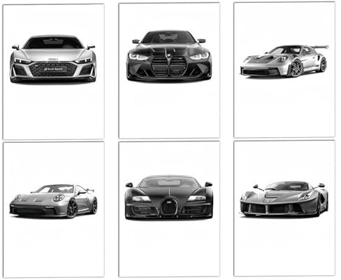 WANDGU Sportwagen Leinwanddrucke-Set: 6x Premium Ölmalerei Schwarz-Weiß, Auto-Wandkunst, Wandbilder Wohnzimmer Modern, Moderne Poster Set für Wohnzimmer, Büro und Schlafzimmer (20x30 cm Ungerahmt)