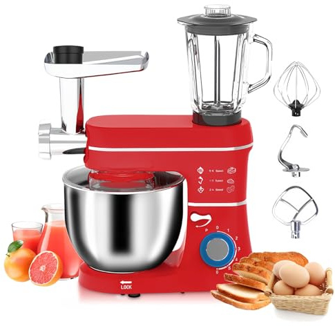 Amasadora, batidora de pie multifuncional con picadora de carne, licuadora, máquina para hacer pasta y galletas, cabezal inclinable de 6 velocidades para una mezcla eficiente en la cocina.