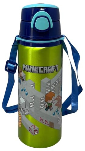 Minecraft sugrörsflaska i aluminium 730 ml automatisk öppen popup-flaska för barn medföljande axelrem