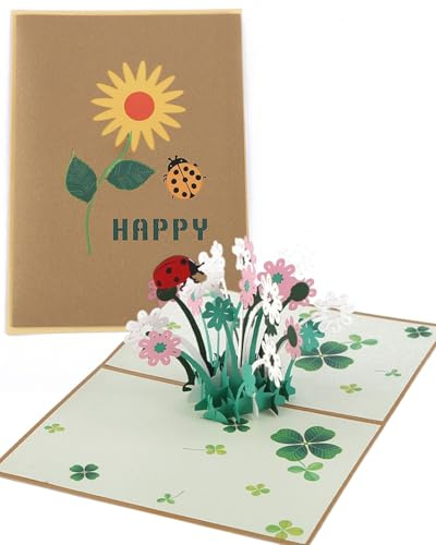 JUKOTA 1pcs Pop-Up Karte Glücksklee, 3D Geburtstags-Karte, Viel Glück, Gute Besserung, 13 x 18 cm Handgemachte 3D Genesungskarte, Glückwunschkarte für Neujahr, Geburtstag, Danke für Alles Karte