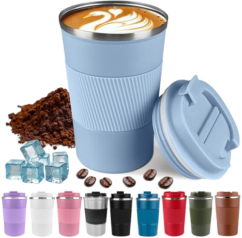 Harindiver Insulated Coffee Cup with Lid, Leak Proof Travel Coffee Mug, Reusable Stainless Steel Vacuum Tumbler, Double Wall Thermal Cup for Hot&Cold Drinks, for Men&Women(3rd-Light Blue, 380ml)