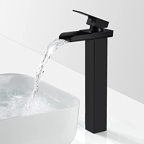 Wasserhahn Bad Schwarz Wasserfall Waschtischarmatur Hoch mit Auslauf 265mm | Messing Einhebel Mischbatterie Waschbecken Armaturen, Badarmatur Wasserhahn Aufsatzwaschbecken, Warm und Kalt, G3/8
