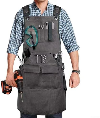 Delantal de soldadura de lona gruesa, equipo de protección resistente con múltiples bolsillos y correas cruzadas ajustables en la espalda para trabajos de metal y carpintería (2)