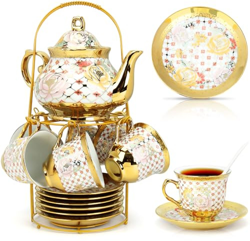 20Tlg Teeservice Kaffeeservice für 6 Personen mit 700ml Teekanne und 160ml Tassen, Porzellan Keramik Teeset mit Ständer, Blumendesign, europäischer Stil, Teeparty Tasse Untertassen Set, Gold
