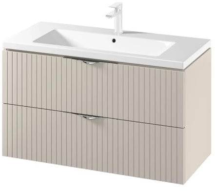 VBChome Waschtisch mit Unterschrank 100 cm Kaschmir Fronten mit Rillenstruktur Hängendes Badmöbel Set mit 2 Soft-Close Schubladen Keramik Waschbecken Badezimmerschrank