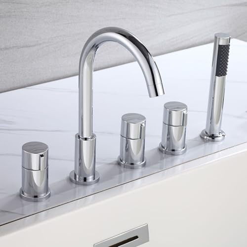 Rubinetto Vasca da Bagno Cromato 3 Manopole Doppia Uscita Acqua Miscelatore Bordo Vasca con Doccetta Estraibile e Deviatore G1/2''