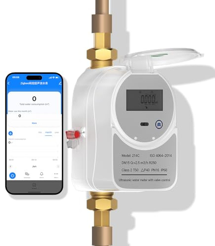 Zigbee Smart Water Meter with Shutoff Valve & LCD Display 214C - Works with Tuya Smart & Home Assistant, Battery-Powered, Remote Flow Monitoring, Zigbee Hub Required (3/4 inch, DN20)