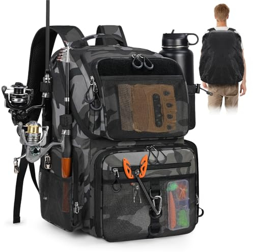 RAINSMORE Fiskeryggsäck 45 l med spöhållare vattentät fiskeväska män 900D polyester ryggsäck för fiskeutrustning med regnskydd och kylfack present för sportfiskare, Svartgrå, 40 x 25,5 x 49 cm