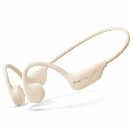 MYVIBE is Strong Casque à Conduction Osseuse Sport - Écouteurs Bluetooth Oreilles Libres, Ultra-Léger 27g, IPX5 Étanche Pluie & Sueur, Autonomie 8h, Arceau Ergonomique, Idéal Running & Fitness (Beige)