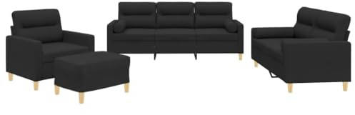 Qifoedo 4 teilige Polstergarnitur Schwarz mit 3 Sitzer 2 Sitzer Sessel Hocker Modernes Wohnzimmer Set aus Stoff 100% Polyester für Living Room Balkon und Gästezimmer