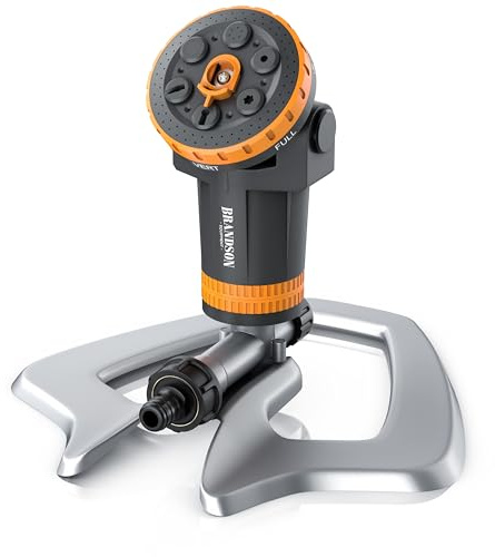 Brandson - Garten Rasensprenger 3/4 Zoll - Gartensprinkler mit Standfuß Metall – 6 Sprühmuster – 200 m2 Gesamtfläche - Einstellbarer Sprühwinkel – Bewässerungssektor bis 360° - Inkl Adapter 1/2 Zoll