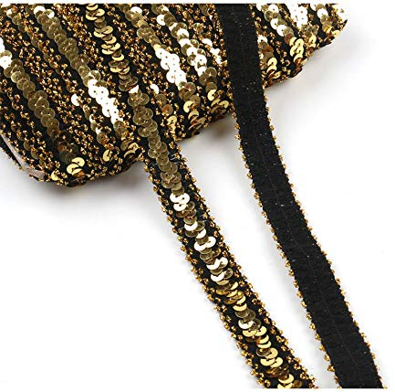 Yalulu 10 Yards Glänzendes Elastische Paillettenband Glitzer Stretch Pailletten Bänder Borten Bortenband DIY Handwerk Bastelprojekte (Gold - Schwarz)