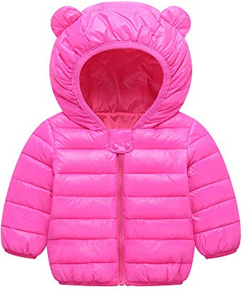 Piumini invernali per bambini neonati e ragazze piumino leggero imbottito con cappuccio con orsetto capispalla per neonati, Rosso rosa, 2 anni