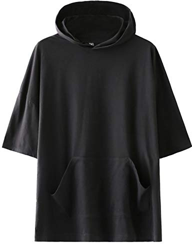 KENAIJING Hommes Sweat Manches Courtes Tee Shirt à Capuche Décontracté Sweatshirt Hoodie（Noir, L）