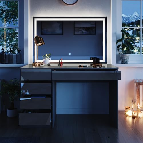 Vicco Schminktisch Sherry, Anthrazit, 120 cm | mit LED-Spiegel, mit LED-Beleuchtung und großem rechteckigem Spiegel