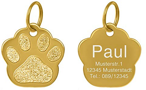 Hundemarke mit Gravur personalisiert Edelstahl Pfote Standard Gold | hochwertige Tiermarke, Premium Lasergravur, Telefonnummer, Adresse, Pfotenform, mit Schlüsselring, modern