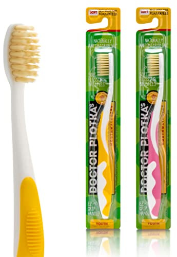 MOUTHWATCHERS Soft Childrens Flossing Manual Toothbrush, Set of 2, Pink and Yellow Toothbrushes for Kids & Teens, Ultra Clean, by Dr. Plotka's