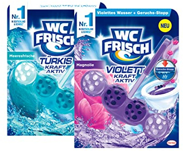 WC Frisch Kraft Aktiv Farbspüler Probier Set, 2 Sorten (2 x 50g), Türkisspüler Meeresfrische und Violettspüler Magnolie