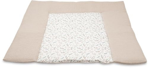 ULLENBOOM Wickelauflage 85x75 cm Waffelpiqué Floral Sand (Made in EU) - Wickelunterlage Waschbar und für Unterwegs geeignet, Bezug: 100% OEKO TEX Baumwolle, Wickeltischauflage 75x85