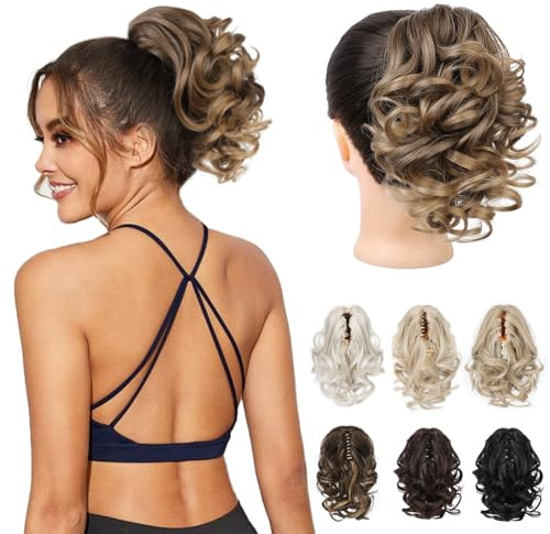 REECHO Ponytail Extension - 23 cm Kurze lockige gewellte Haarklammer Haarteil Pferdeschwänze Haarverlängerungen Haarteile Ponytail Extension - Dunkles Aschblond mit Goldenen Enden