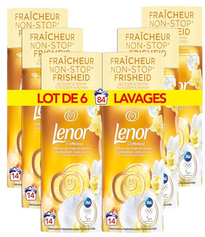 Lenor Tvättparfym av pärlor för tvättmedel, 84 tvättar (165 g x 6), bärnsten och orkidé, non-stop friskhet, upp till 12 veckors förvaring