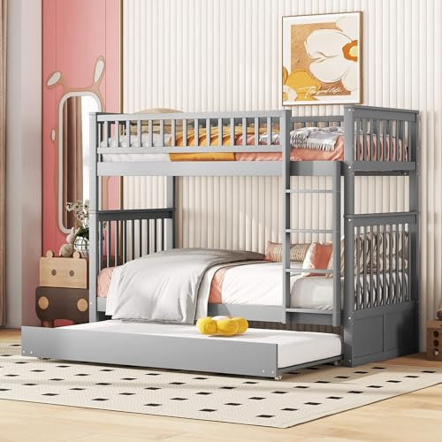 HYUB Kinderbett, Etagenbett 90x200cm mit Ausziehbett und Lattenrost, Hochbett mit Rausfallschutz und Treppe, für Jungen & Mädchen, Bettrahmen aus Stabiler Massivholz, Ohne Matratze, Grau