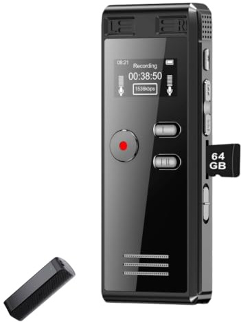 64GB Digital Voice Activated Recorder with Playback - 4552 Hours Audio Recording Device, 3072Kpbs HD Dual MIC Tape Recorder Device for Lecture A-B Repeat, MP3 Player,【64GB TF Card Included】