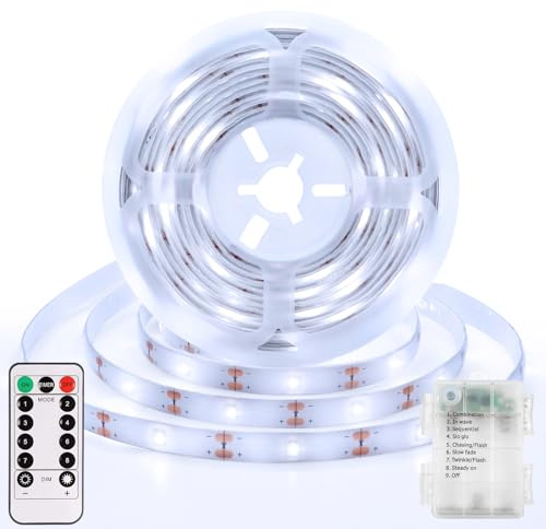 DBFAIRY Tira de luces LED de 3 metros con batería, 90 LED, funciona con pilas, con temporizador de mando a distancia, tira de luz LED para dormitorio, decoración del hogar (blanco)