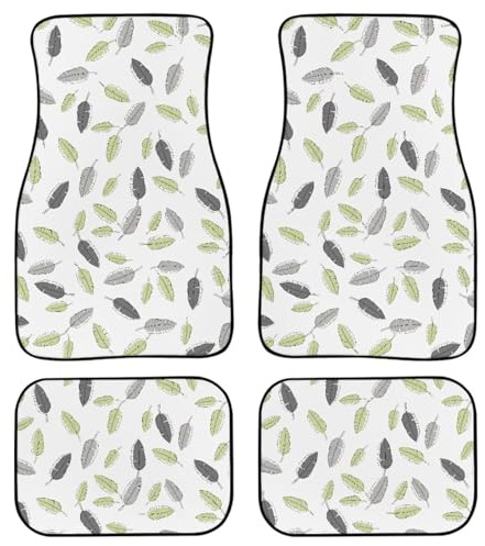 Amzbeauty Tapetes de piso de automóvil con estampado de hojas, ajuste universal, decoración hawaiana, 4 piezas, parte delantera y trasera