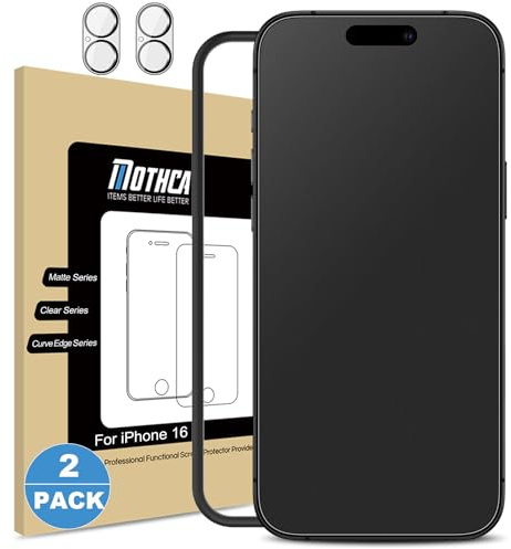 Mothca Matte Schutzfolie für iPhone 16, 2 Stück + 2 Kameraschutz | Matte Displayschutzfolie mit Montagerahmen, Anti-Glare Screen Protector, Nano-Ätztechnik, Anti-Fingerabdruck, 9H-Hartglas