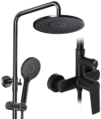 Rainsworth Columna Ducha con Grifo Negro, Altura Regulable 100-135 cm, Grifos de latón，Columna de Ducha con Alcachofa de Ducha Redondo 25 cm, duchas de baño columna con Ducha de Mano